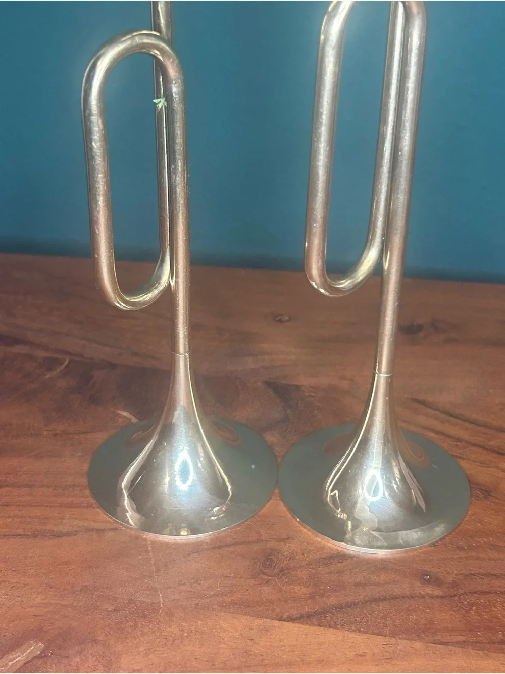 Set of 2 Metallic Brass Trumpet Candle Holders